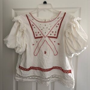 Anthropologie Embroidered White and Red SZ XL Top